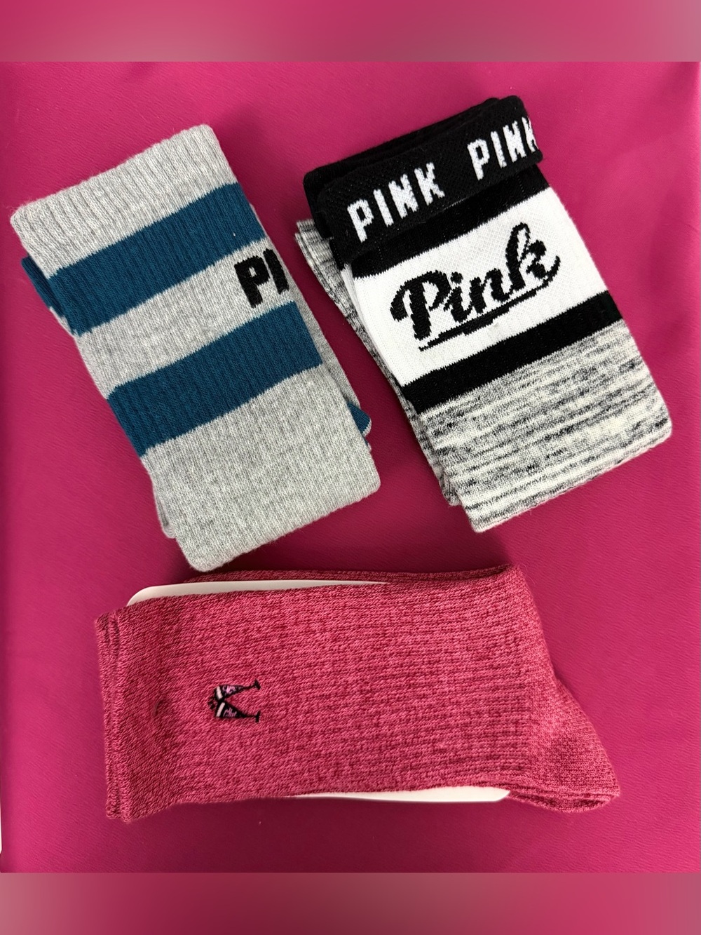 PINK Victoria's Secret Woman’s 3-Pack Crew Socks - Pink, Teal & Black/White